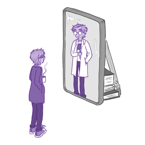Graphic art depicting a person holding a cup of coffee looking into a full length mirror and seeing themself reflected back as a STEM professional in a lab coat