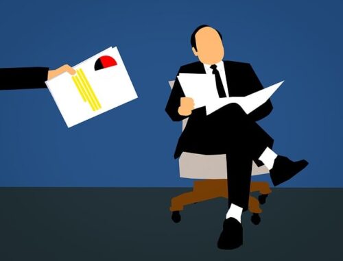 graphic art of CEO being given report
