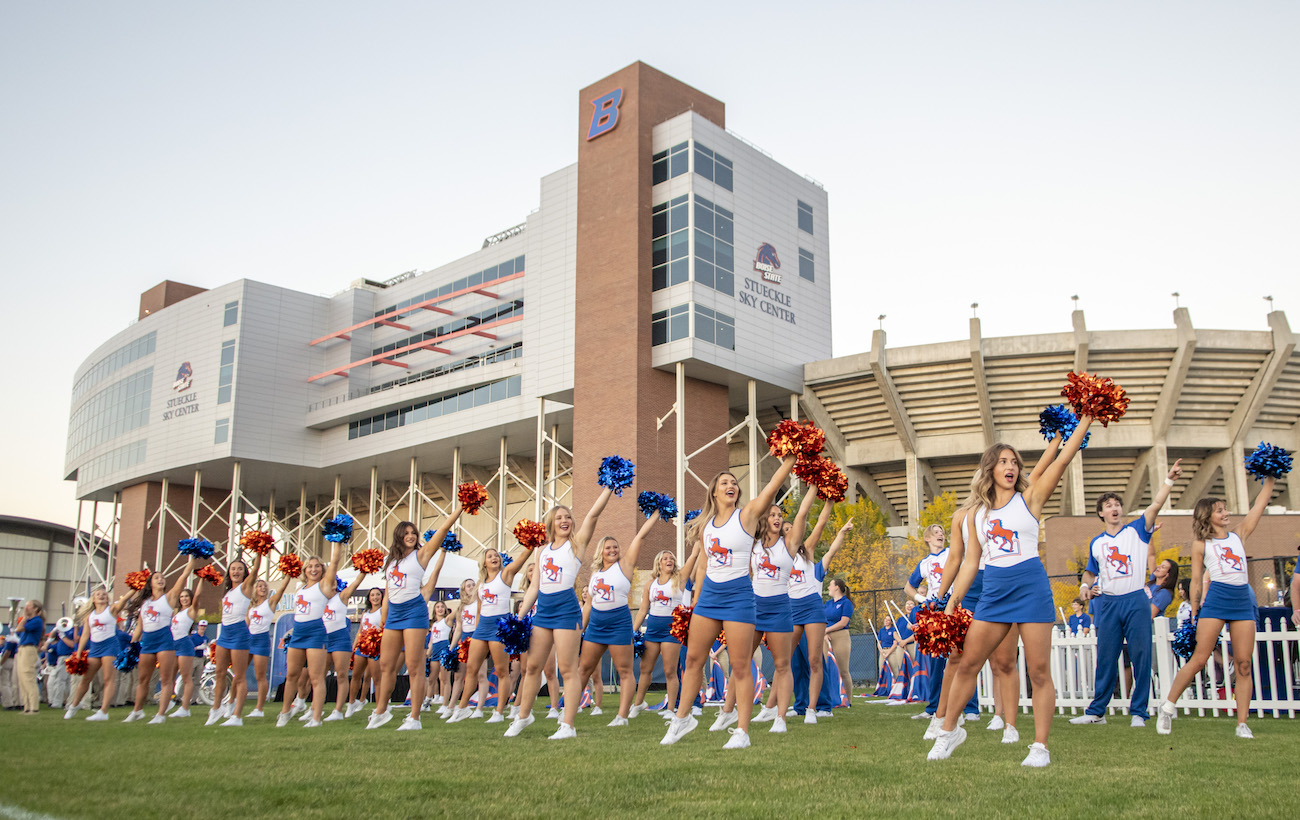 A spirit squad performs on a field