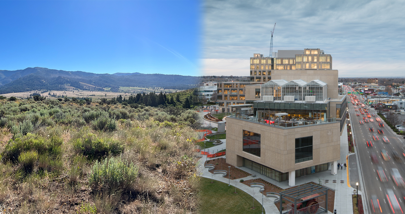 photos of urban and rural Idaho merged at center