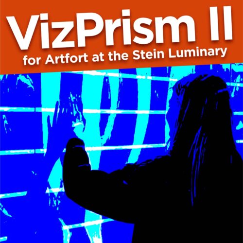 Graphic of person touching digital art with text Viz Prism II for Artfort at the Stein Luminary