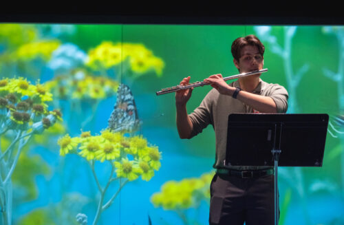 A person plays a flute in front of a video screen