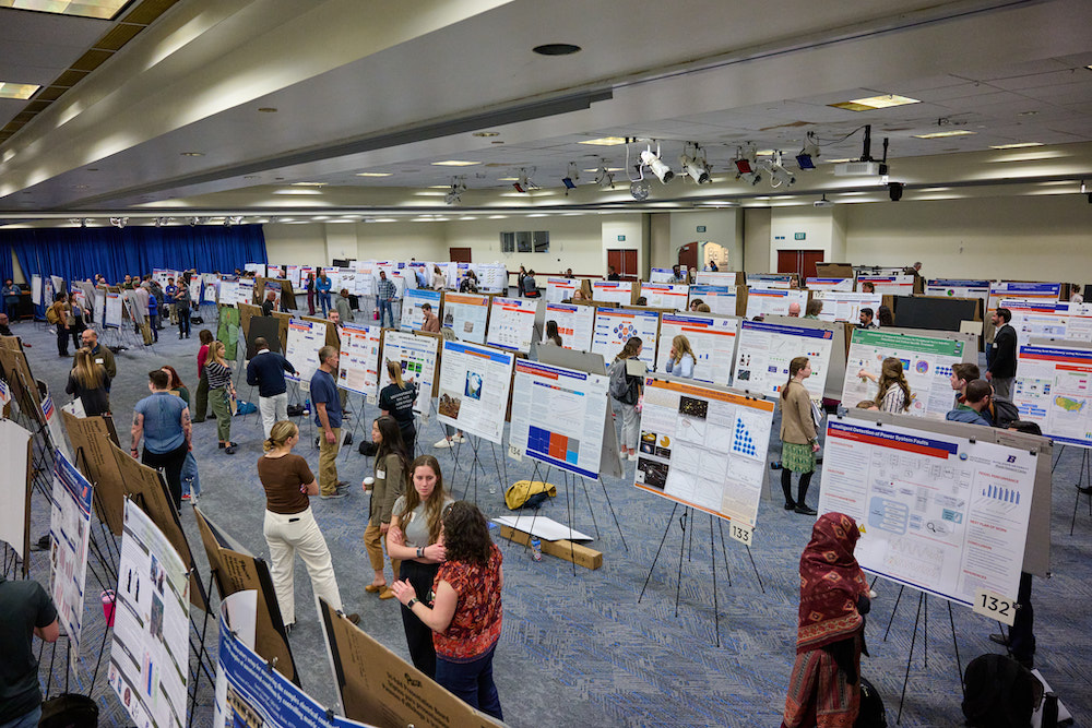 panaroma of the Jordan Ballroom showing hundreds of students and posters boards