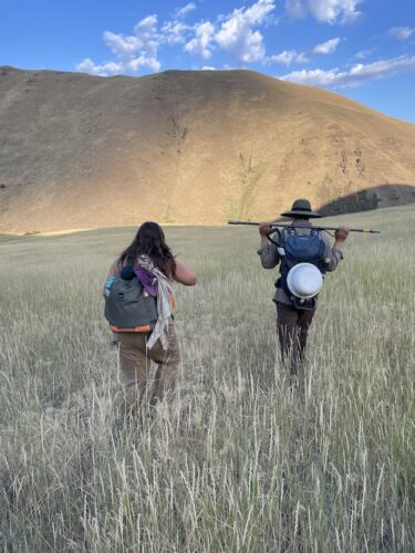 two students with back to camera walk out into rangelands