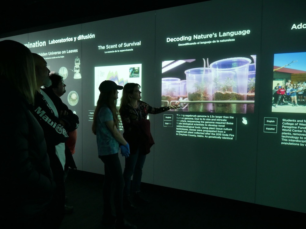 Students view and interact with the "Navigating the Sagebrush Sea" exhibit inside the Luminary.