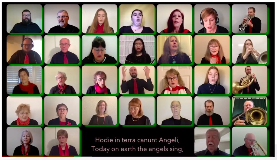 a screenshot showing a zoom call with 32 chorale musicians