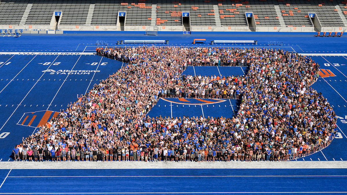 B logo made by new students and families on their first day at Boise State