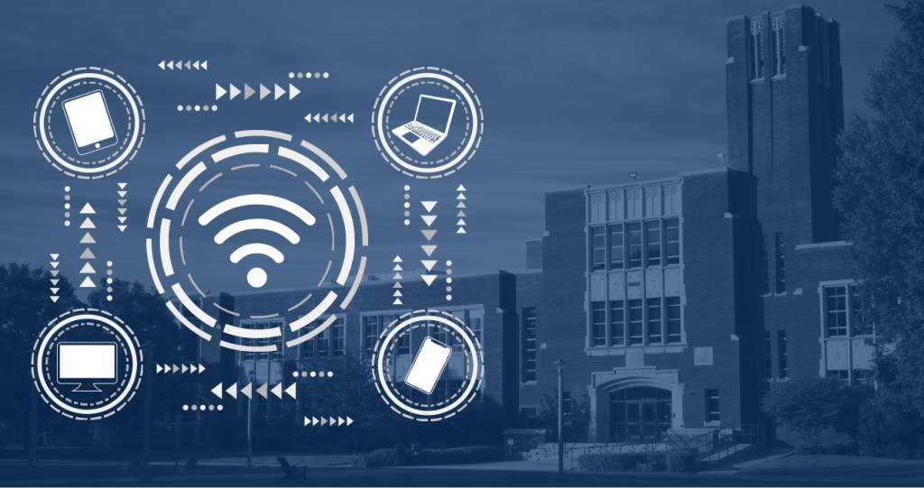 Graphic representing BSU wifi. Includes icons and image of campus