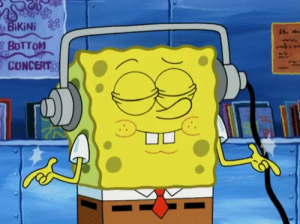 Spongebob Squarepants listening to music with headphones