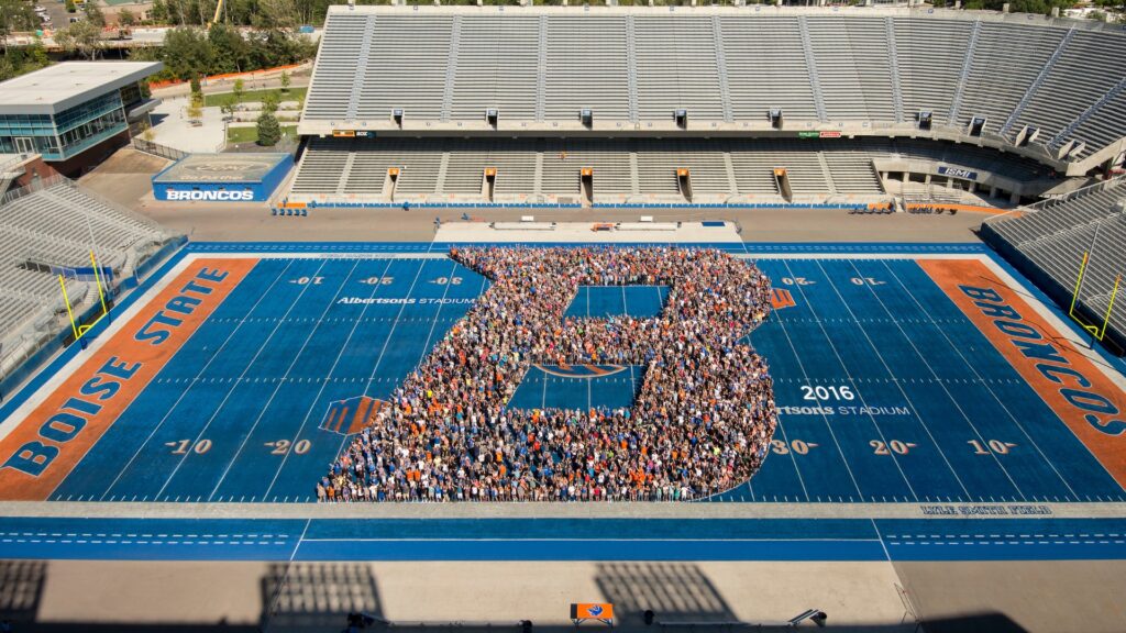 Students and Families form a Boise State 