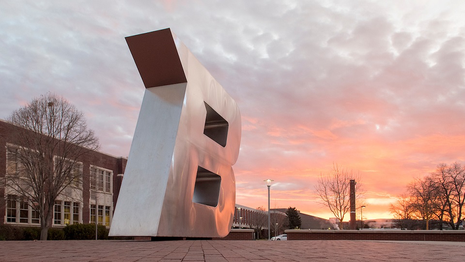 The Boise State B Statue at sunrise