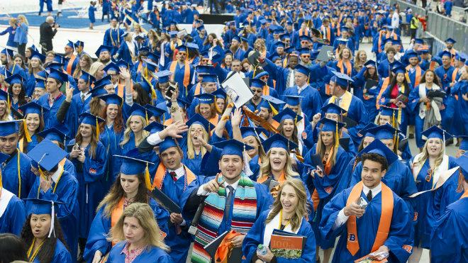 Boise State students leaving commencement ceremony