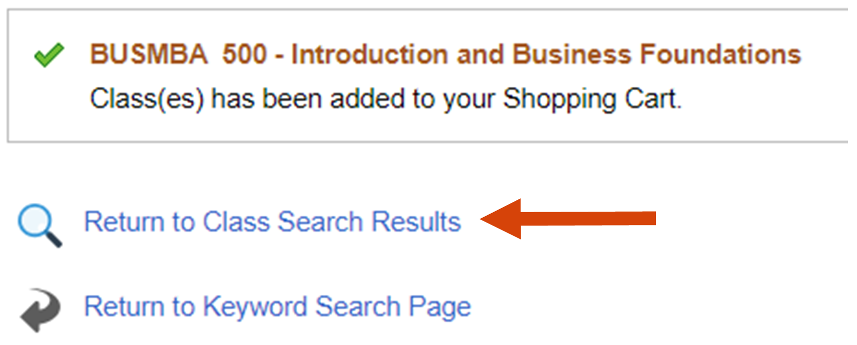 Arrow pointing to "Return to Class Search Results"