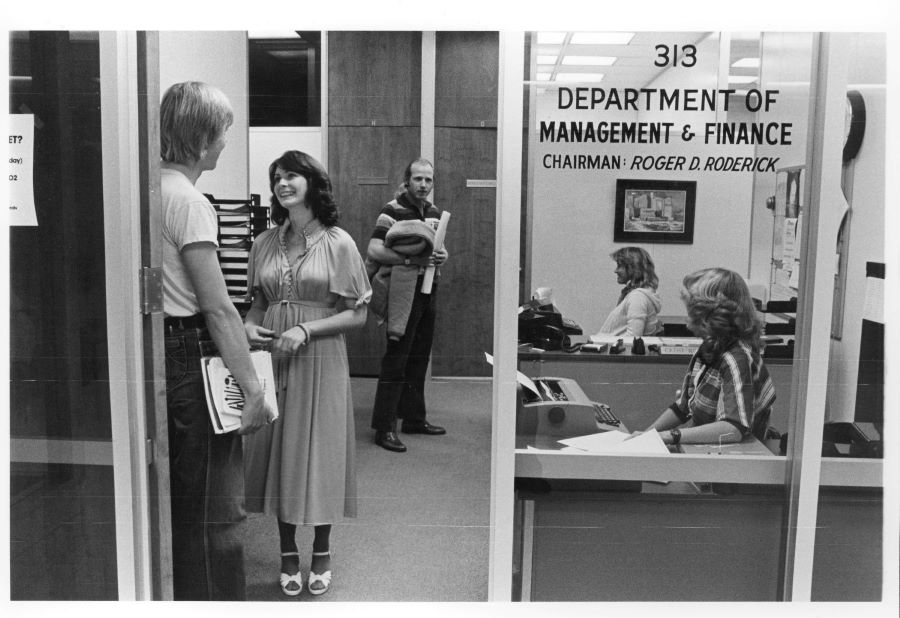 Students and staff in the Management and Finance Department, 1982 (source).
