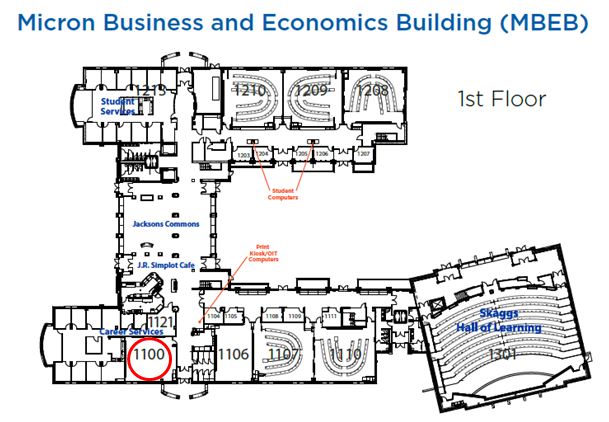 MBEB first floor map showing tutoring lab room 1100 location near southwest entrance on University Drive