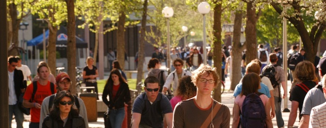 Busy campus scene; student resources help you get through campus life