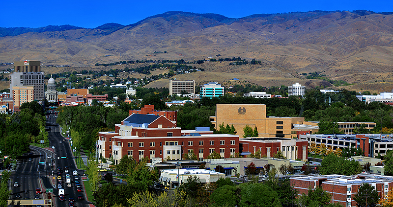 view of the business building on Boise State campus looking toward State Capitol building in Boise