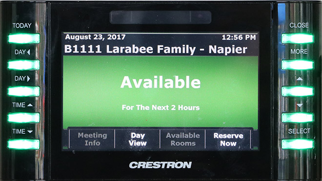 crestron reservation panel is green showing the room is available