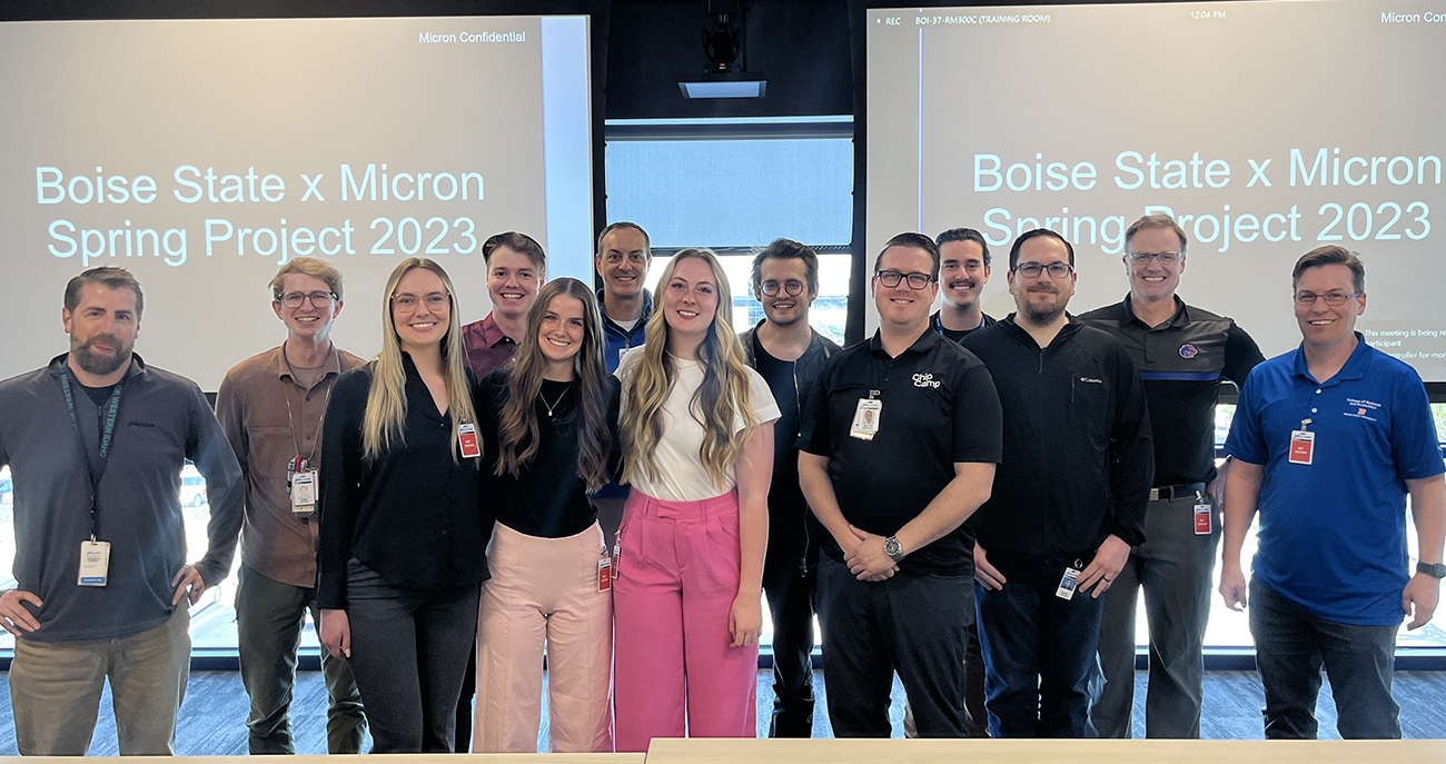 Group photo of Employees and Students at Boise State x Micron Spring Project 2023.
