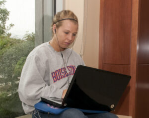 female student taking an online class