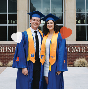 drew and kaitlyn in their graduation caps and gowns in the plaza at the Micron Business and Economics Building