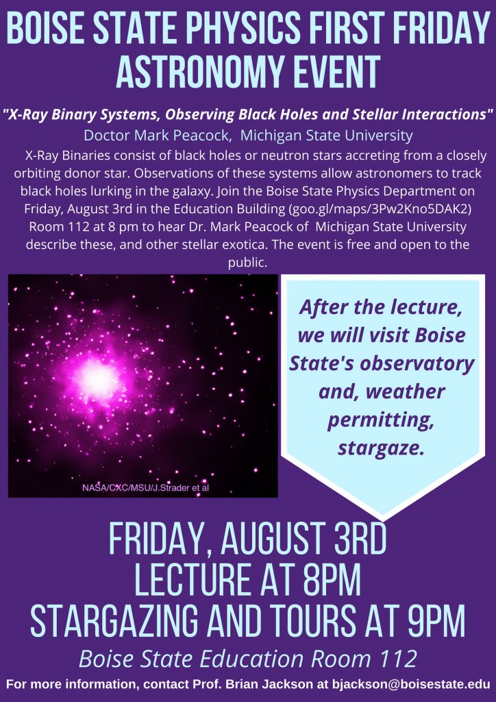 flyer of first Friday Physics event on August 3