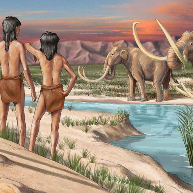 Illustration of ice age people near mastodon at a lake
