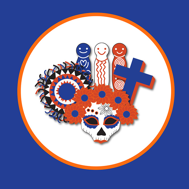 Graphic for the "Honoring the Dead in the Hispanic World" event at the Stein Luminary with depictions of a Christian cross, Day of the Dead Skulls, and other religious icons