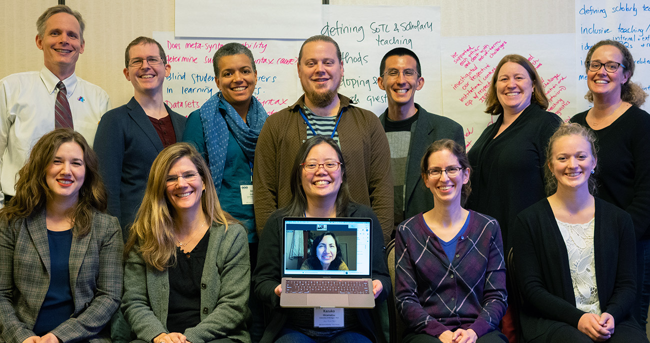 Michal Temkin Martinez (upper right) and Kazuko Hiramatsu (holding laptop) and the 2020 Faculty Learning Community funded by a National Science Foundation grant to build capacity for the scholarship of teaching and learning in linguistics