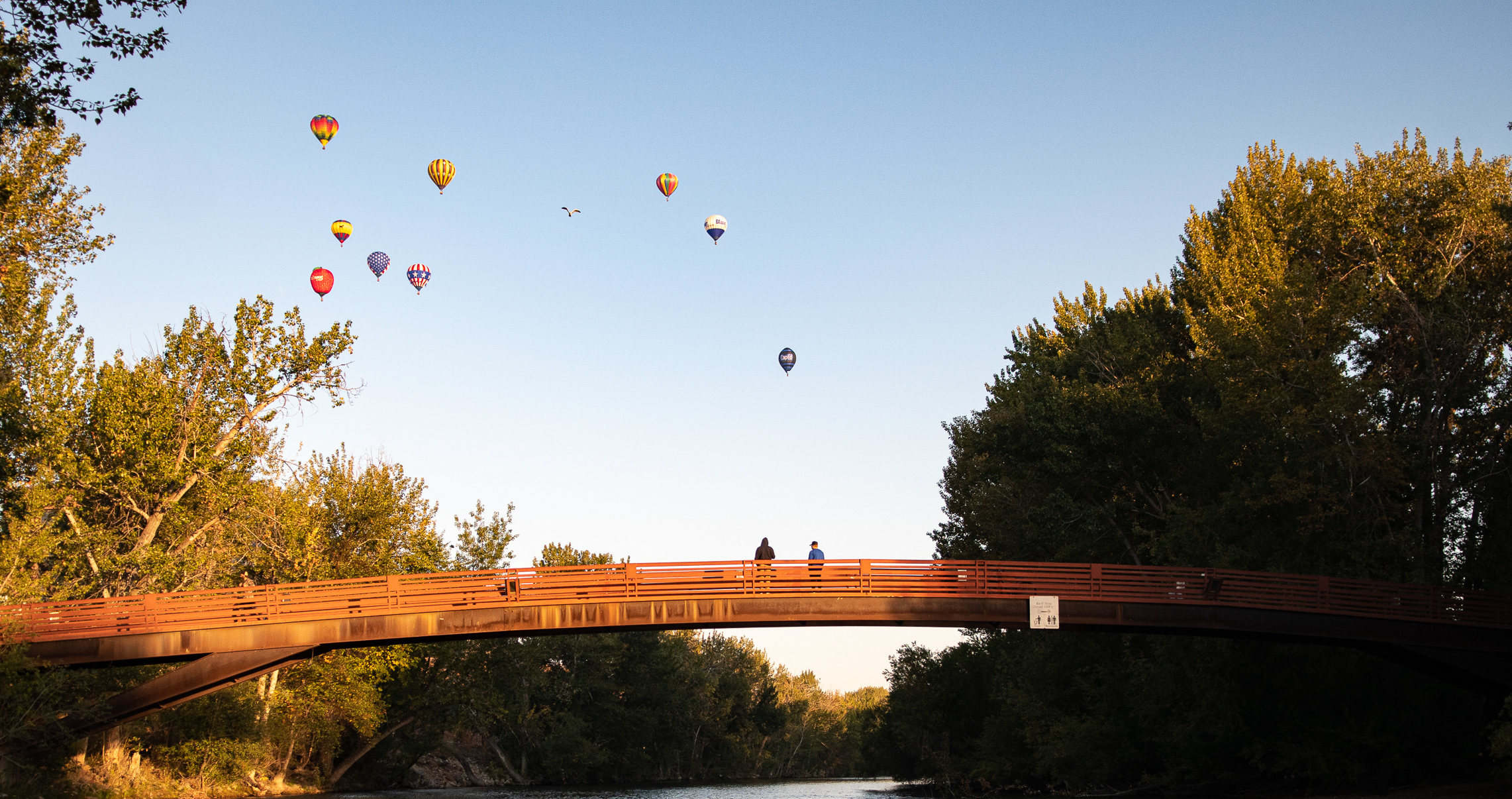 hot air balloons float over friendship bridge on a clear morning