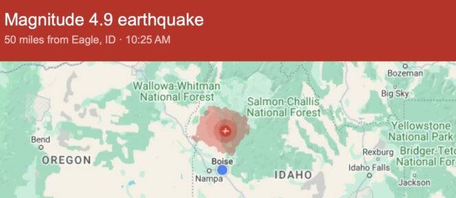 Image of a map showing the magnitude 4.9 earthquake located 50 miles from Eagle, Idaho.