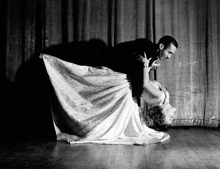 Pedro Ilisastegui and Pat Dyson dancing; a promotional picture for their tango during the intermission between the French and Spanish plays at Romance Language Night, January 16, 1950
