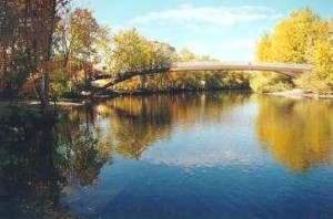 Friendship Bridge and the Boise River surrounded by Autumn leaves