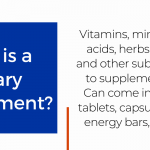 What is a dietary supplement? Vitamins, minerals, amino acids, herbs, botanicals, and other substances used to supplement the diet. Can come in the form of tablets, capsules, powders, energy bars, and liquids.