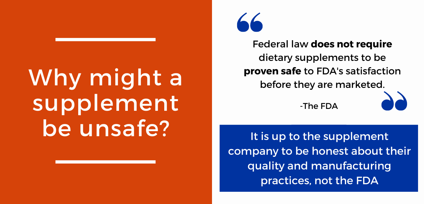 Why might a supplement be unsafe? Federal law does not require dietary supplements to be proven safe to the FDA's satisfaction before they are marketed. It is up to the supplement company to be honest about their quality and manufacturing practices, not the FDA