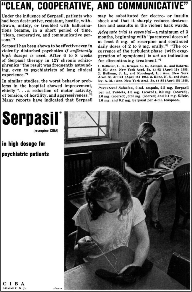 Serpasil advertisement featuring two calm white women, one reading and one doing crafts