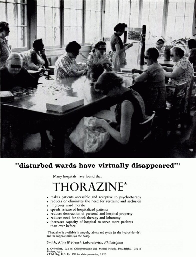 Thorazine advertisement depicting a room of white people calmly doing a variety of crafts like reading, painting, puzzles, and sewing