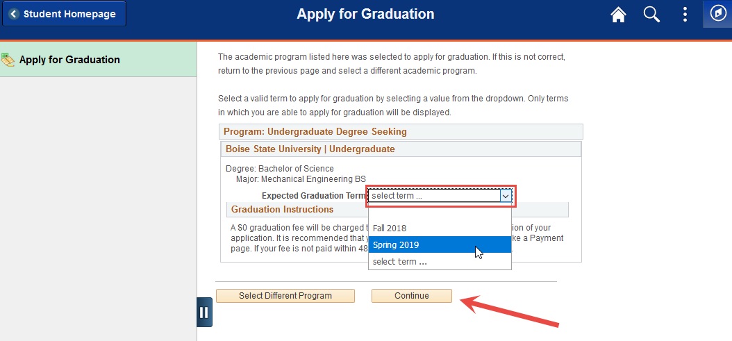 Example of using drop down to select expected graduation term.