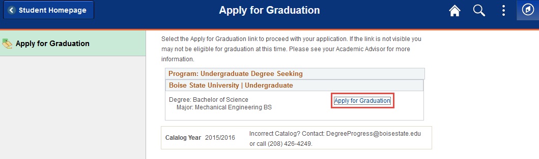 Example of clicking Apply for Graduation link