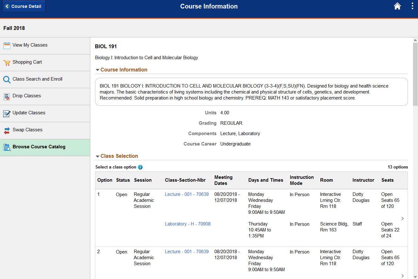 Example of Browse Course Catalog class selection.