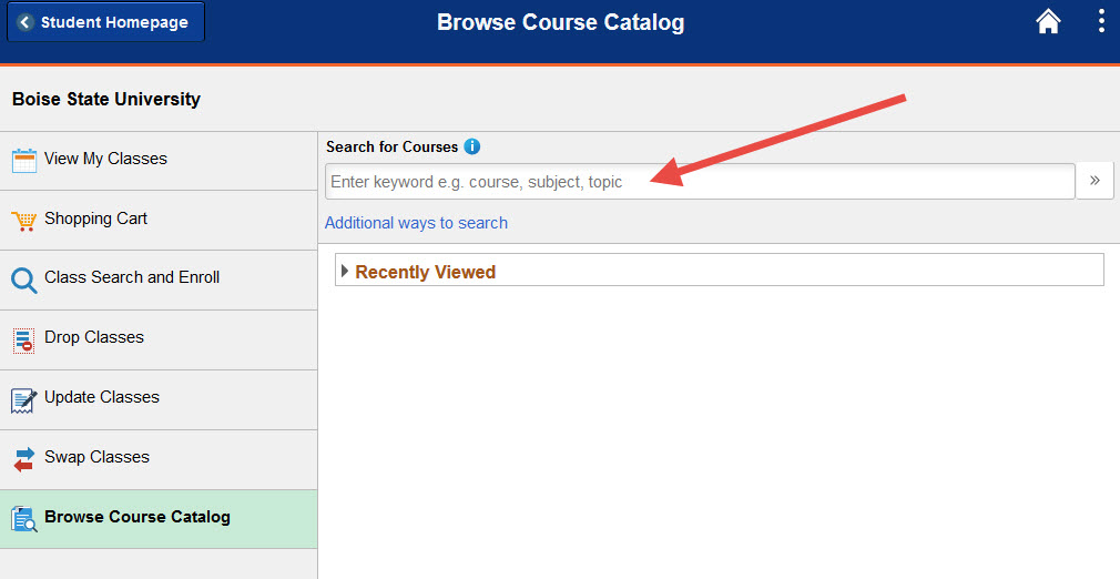 Example of the Browse Course Catalog search bar.