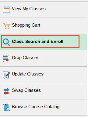 Example of clicking the tab for Class Search and Enroll.