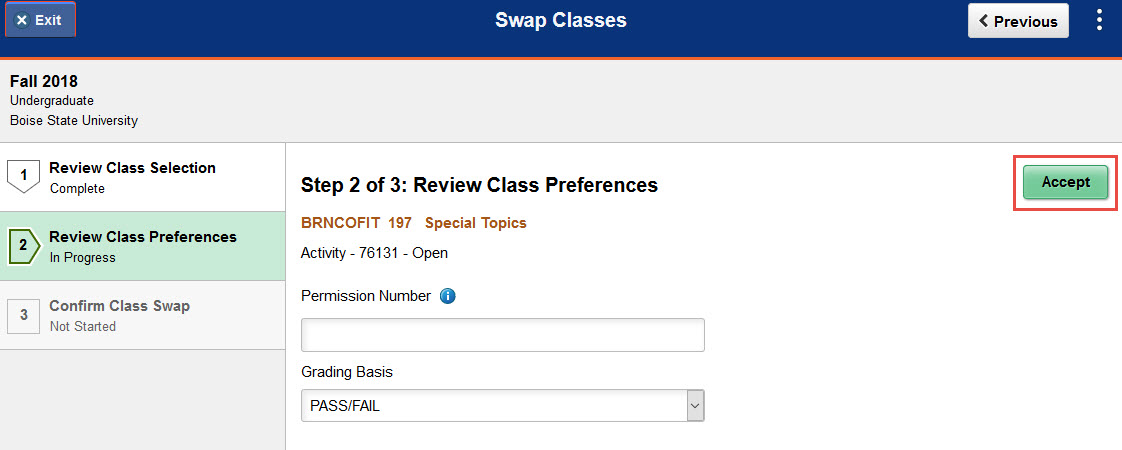 Example of selecting class preferences. 