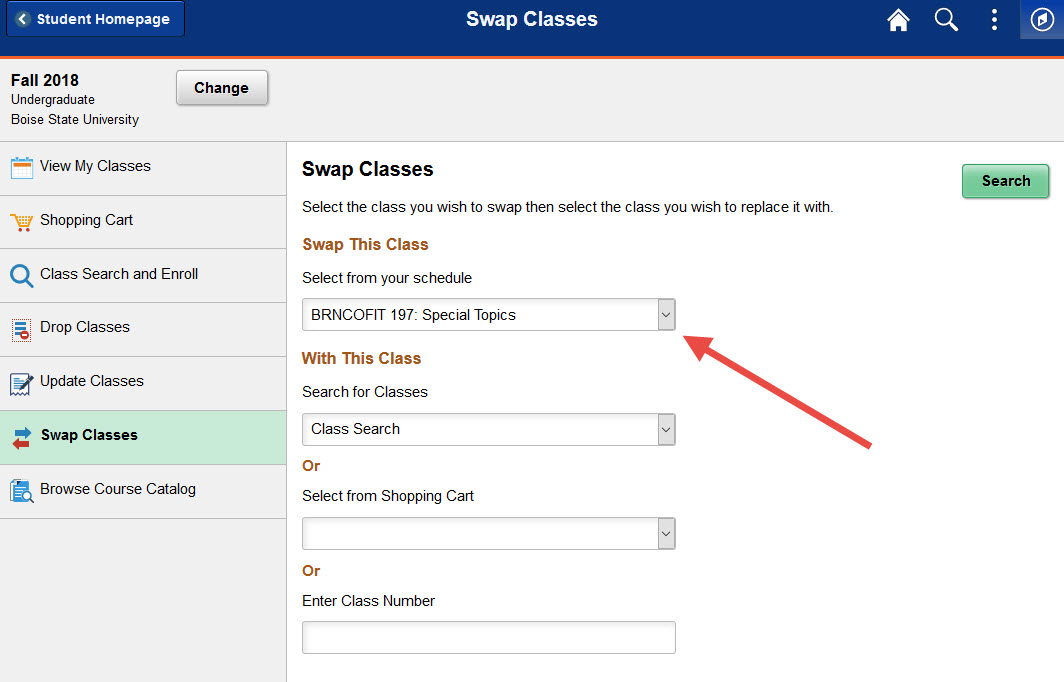 Example of selecting a class to swap from the drop down menu.