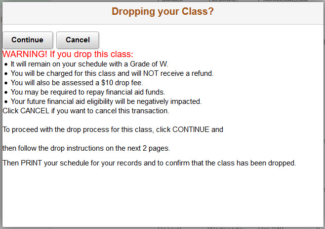 Example of the warning message for dropping a class.
