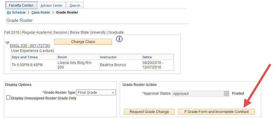 Example of the F Grade Form and Incomplete Contract button link