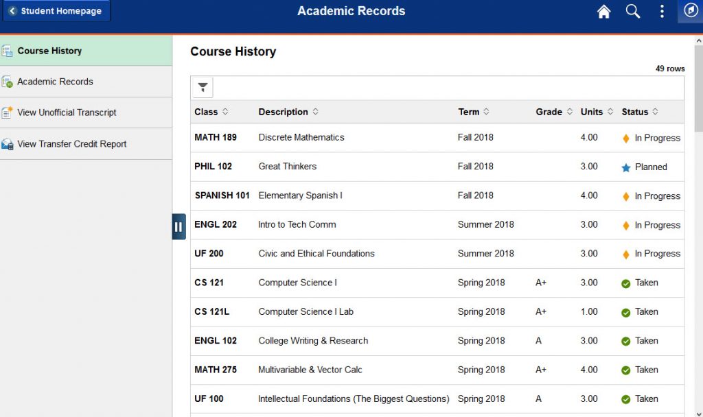 example of courses listed with grades and icons.