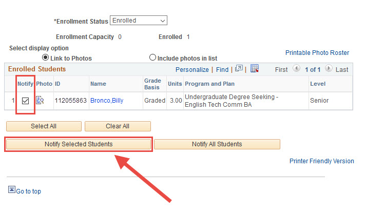 example of where to click to notify students