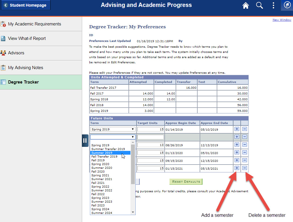 example edit preferences student degree tracker