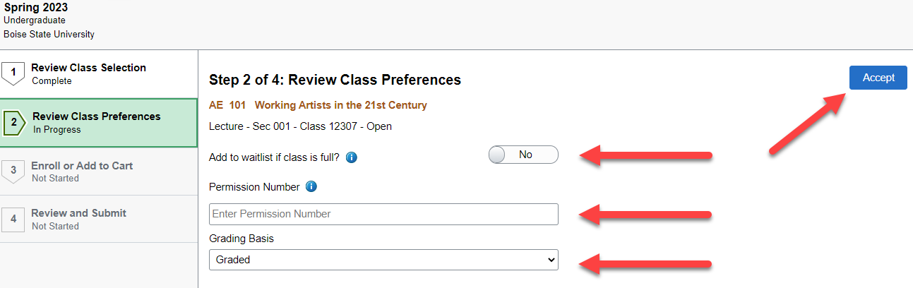 Select waitlist, permission number and grading basis